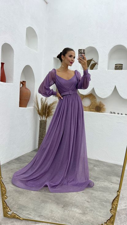 Lilac Belt Detail Glittered Long Tulle Evening Dress