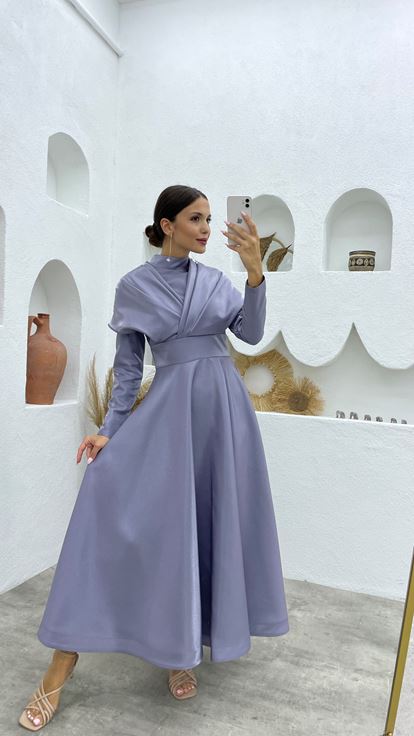 Grigio Dettaglio Spalla Hijab Abito da sera