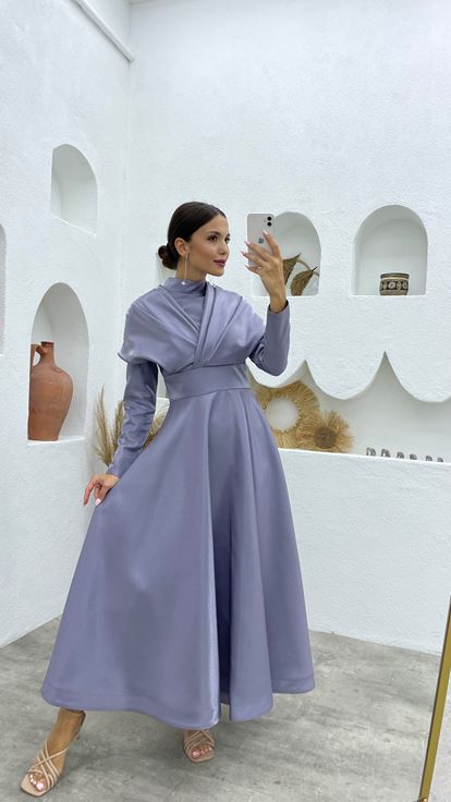 Grigio Dettaglio Spalla Hijab Abito da sera