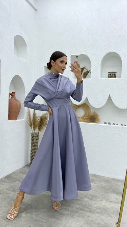 Grigio Dettaglio Spalla Hijab Abito da sera