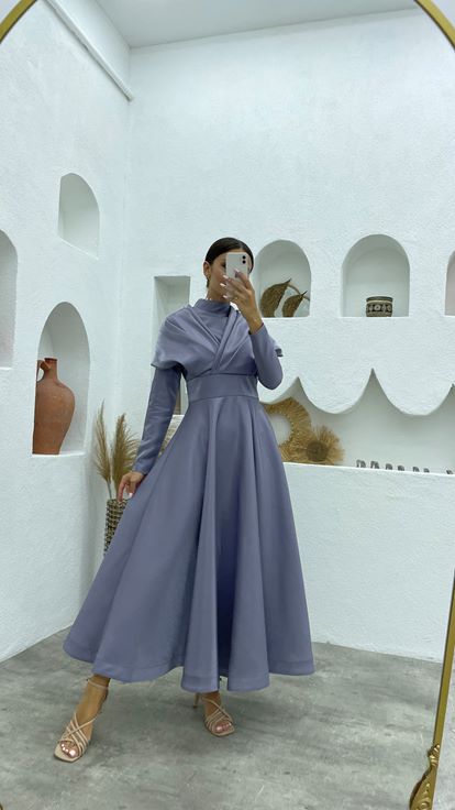 Grigio Dettaglio Spalla Hijab Abito da sera