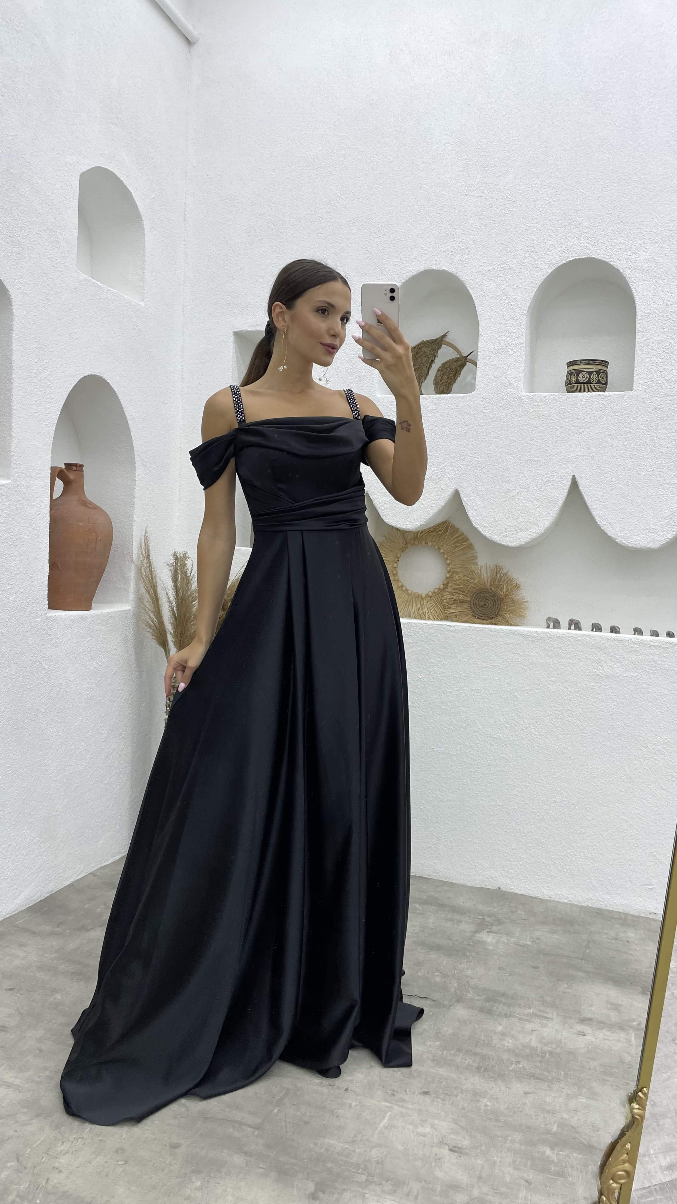 Black Satin Evening Dress With Embroidered Straps