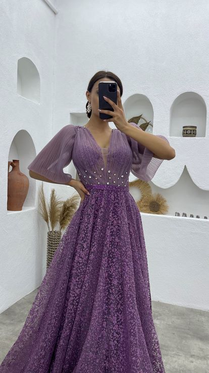 Lila Balon Kol Simli Tül Abiye Elbise