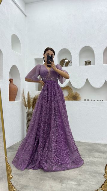 Lila Balon Kol Simli Tül Abiye Elbise