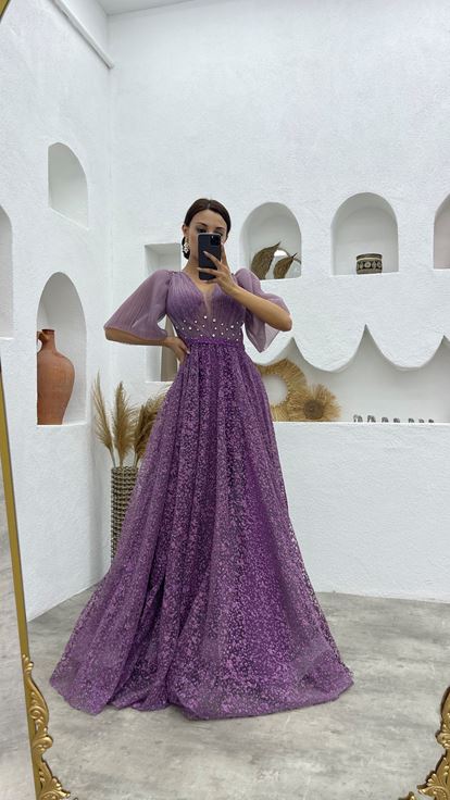 Lila Balon Kol Simli Tül Abiye Elbise