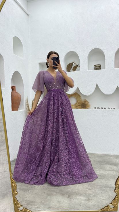 Lila Balon Kol Simli Tül Abiye Elbise