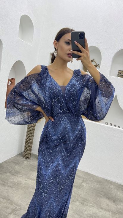 Lacivert Simli Açık Omuz Uzun Abiye Elbise