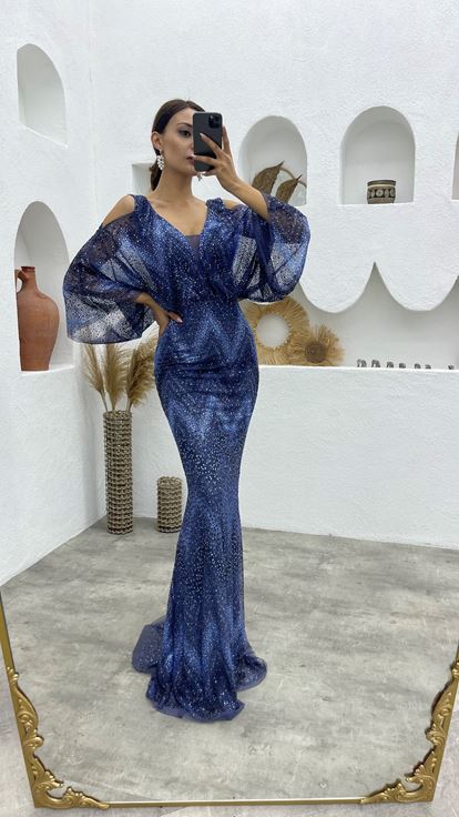 Lacivert Simli Açık Omuz Uzun Abiye Elbise