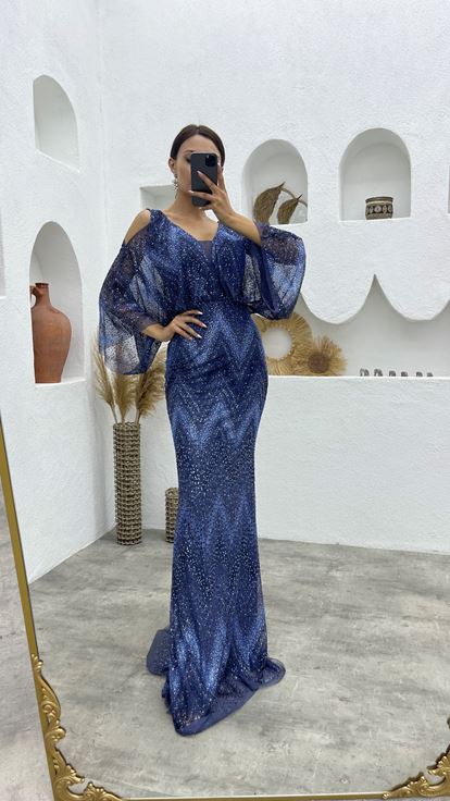 Lacivert Simli Açık Omuz Uzun Abiye Elbise