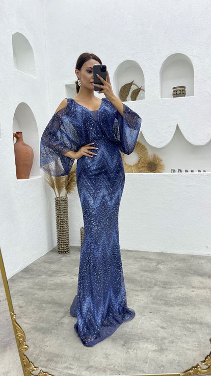 Lacivert Simli Açık Omuz Uzun Abiye Elbise