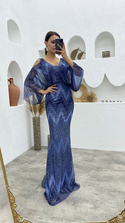 Lacivert Simli Açık Omuz Uzun Abiye Elbise