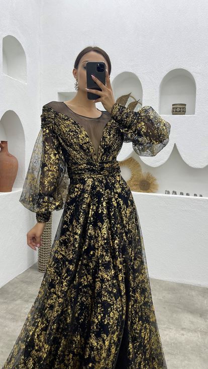 Siyah Gold Detay Tül Abiye Elbise