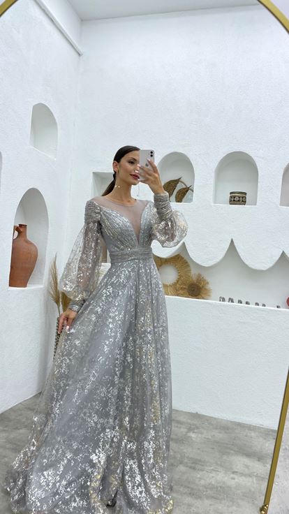 Gray Gold Detailed Tulle Evening Dress