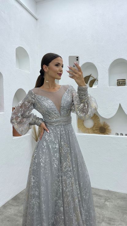 Gray Gold Detailed Tulle Evening Dress