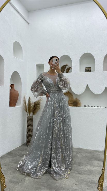 Gray Gold Detailed Tulle Evening Dress