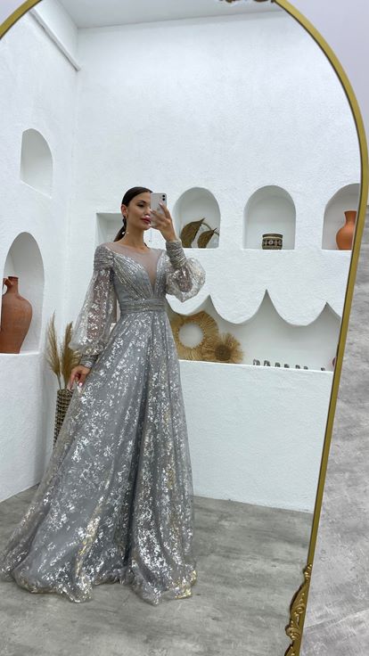 Gray Gold Detailed Tulle Evening Dress