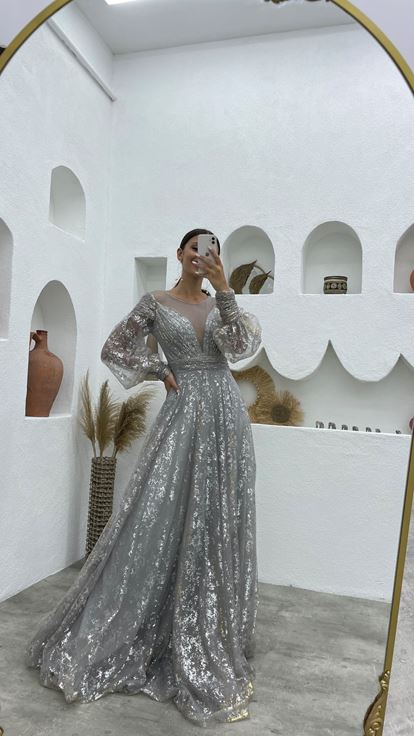 Gray Gold Detailed Tulle Evening Dress