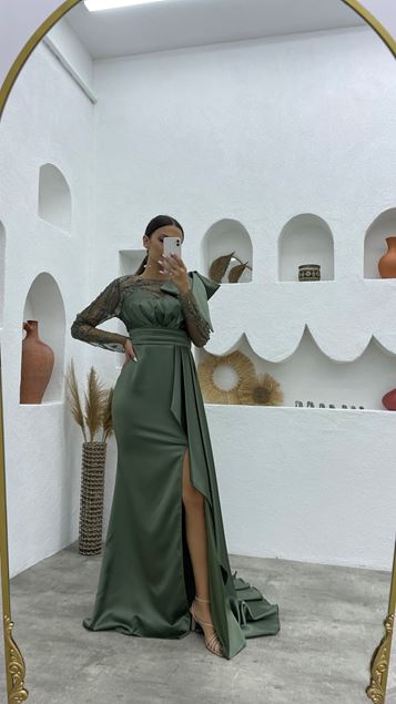 Khaki Bow Detailed Embroidered Satin Evening Dress