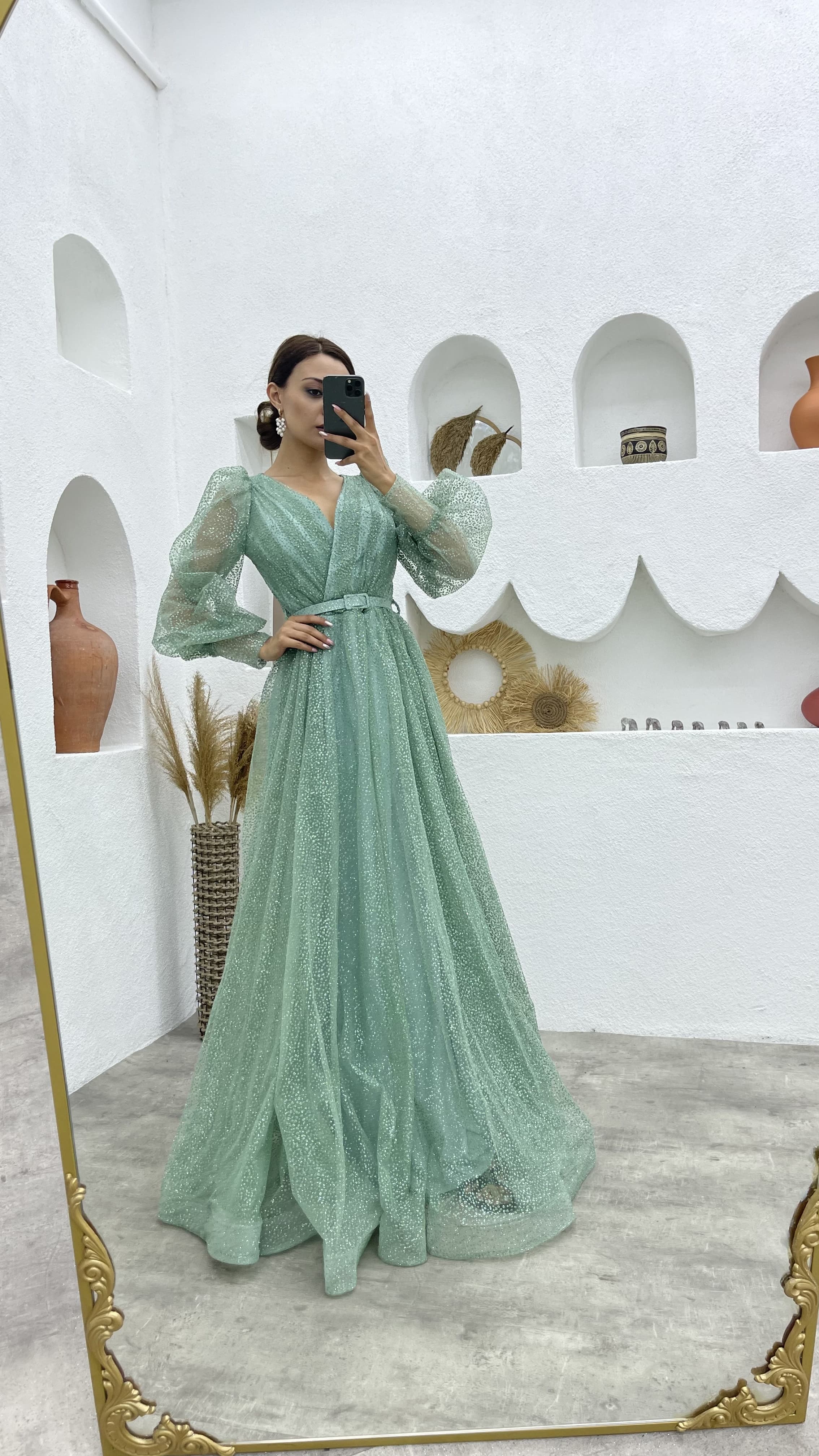 Mint Green Balloon Sleeve Glittery Evening Dress Mint Green Balloon Sleeve Glittery Evening Dress