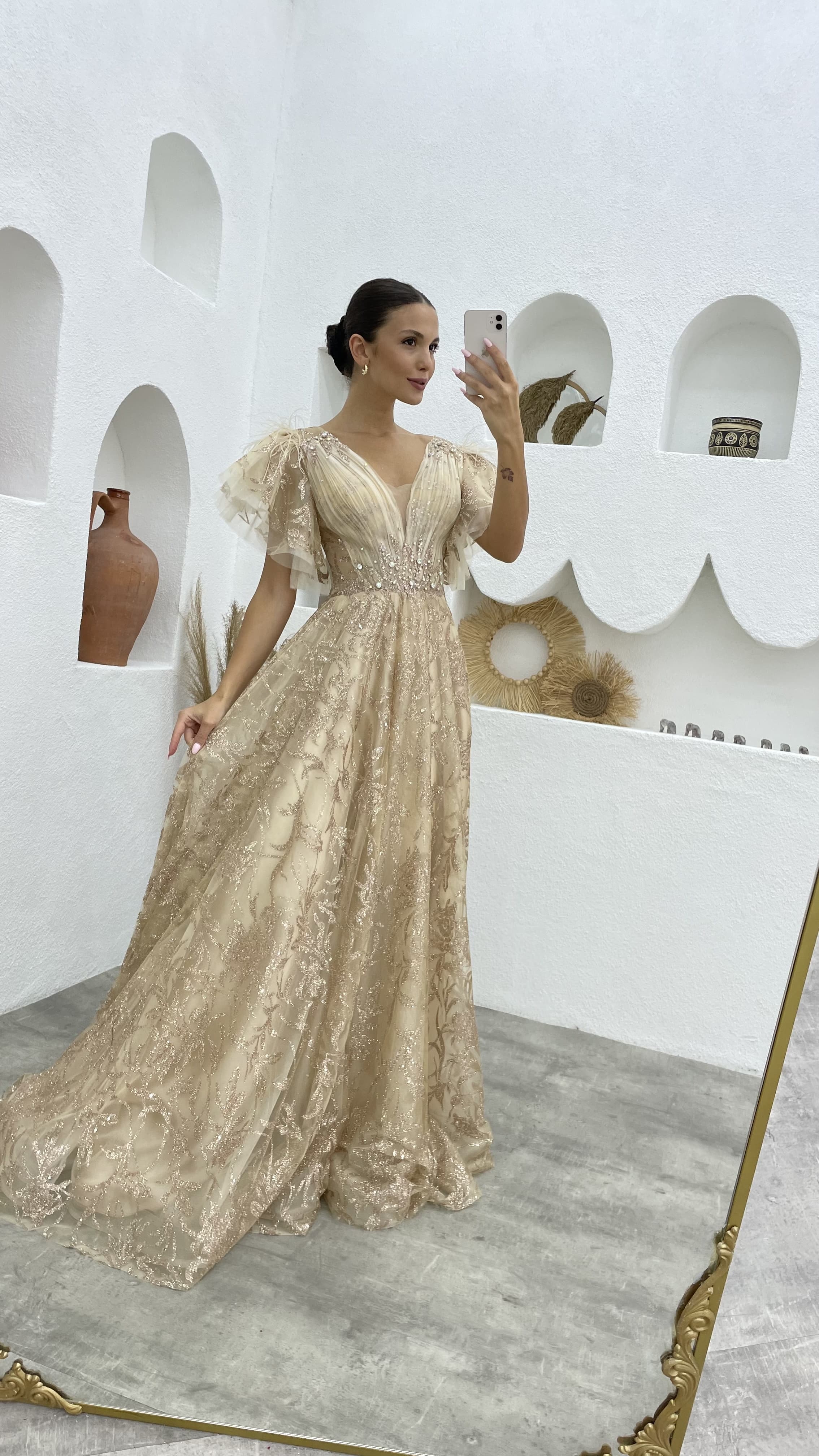 Beige Balloon Sleeve Glittery Embroidered Detail Tulle Evening Dress