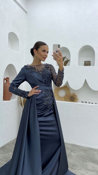 Antrasit Transparan İşlemeli Saten Abiye Elbise