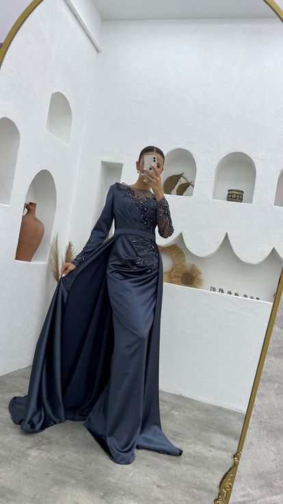 Antrasit Transparan İşlemeli Saten Abiye Elbise