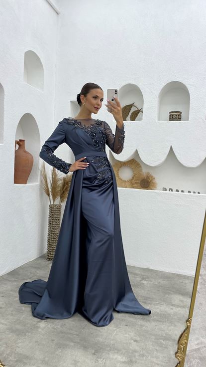 Antrasit Transparan İşlemeli Saten Abiye Elbise