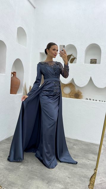 Anthracite Transparent Embroidered Detail Satin Evening Dress