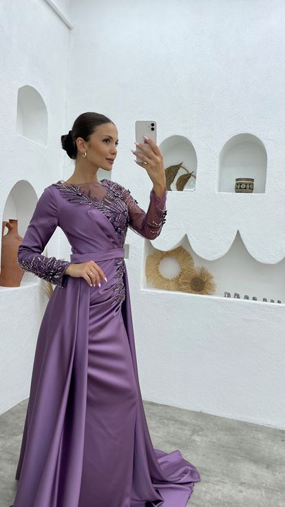 Lilac Transparent Embroidery Detail Satin Evening Dress