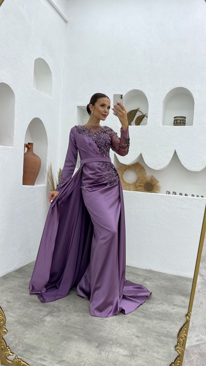 Lilac Transparent Embroidery Detail Satin Evening Dress
