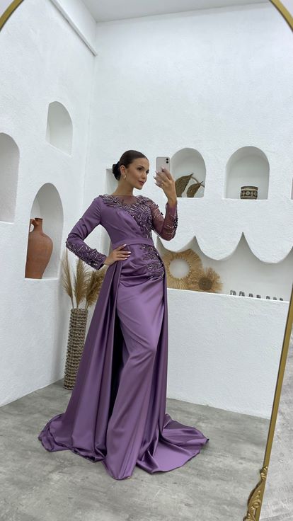 Lilac Transparent Embroidery Detail Satin Evening Dress