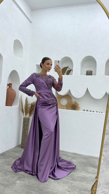 Lilac Transparent Embroidery Detail Satin Evening Dress Lilac Transparent Embroidery Detail Satin Evening Dress