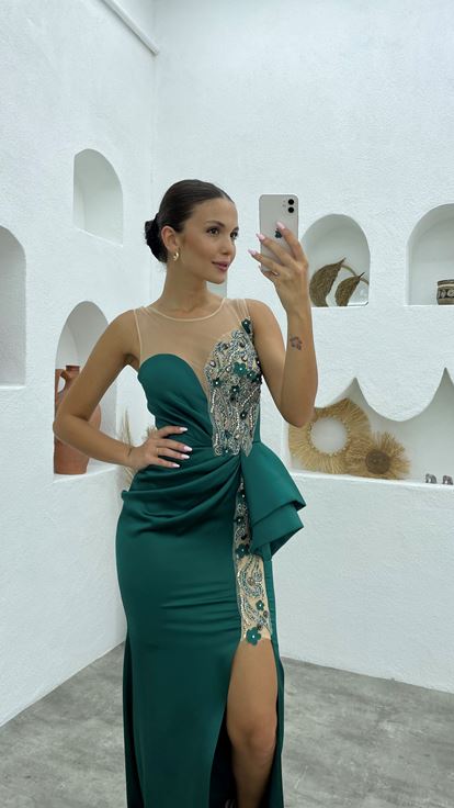 Green Transparent Tassel Detail Flywheel Satin Evening Dress