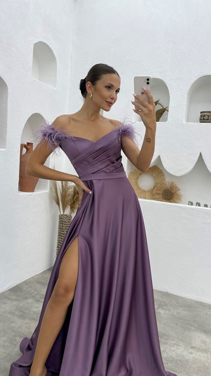 Lilas Plume Détail Épaule Drapée Satin Robe de soirée
