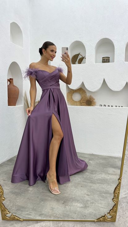 Lilas Plume Détail Épaule Drapée Satin Robe de soirée