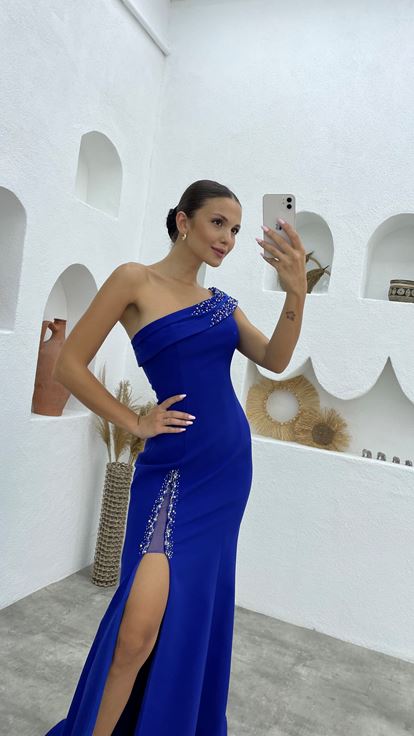 Sax Embroidery Detail One Shoulder Evening Dress