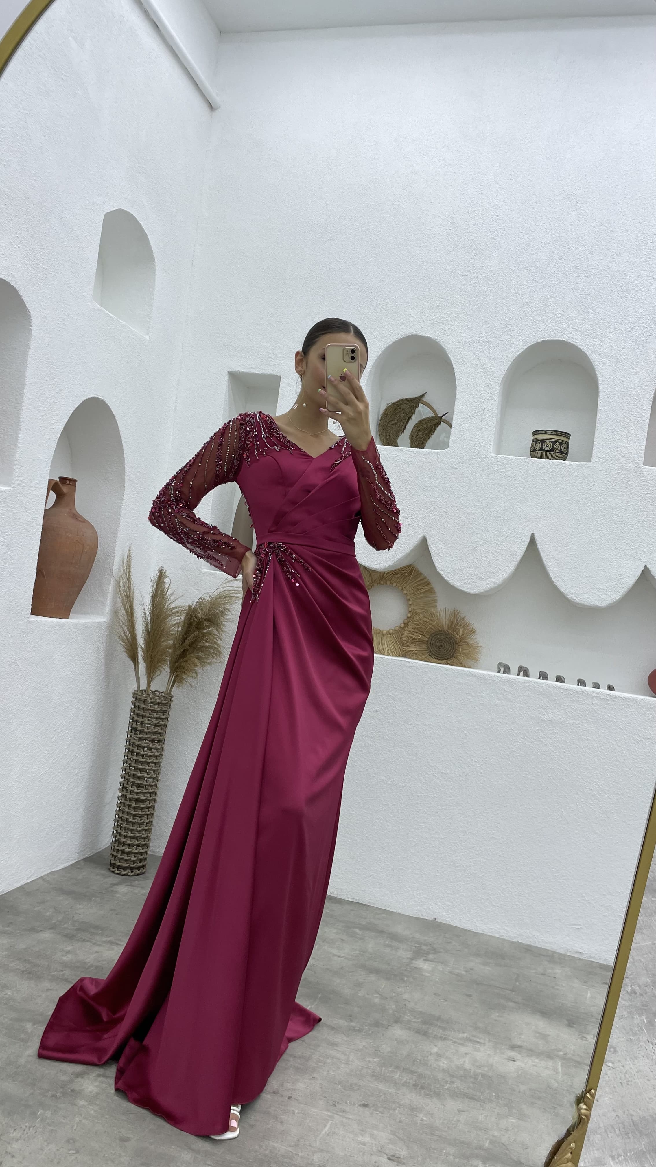 Claret Red Embroidered Drape Detail Satin Evening Dress