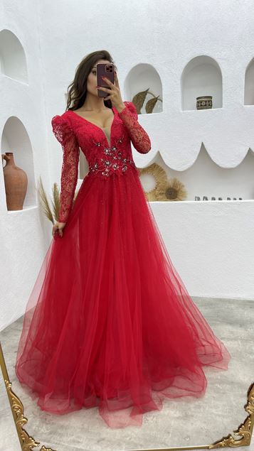 Red Guipure Detail Glittery Tulle Evening Dress