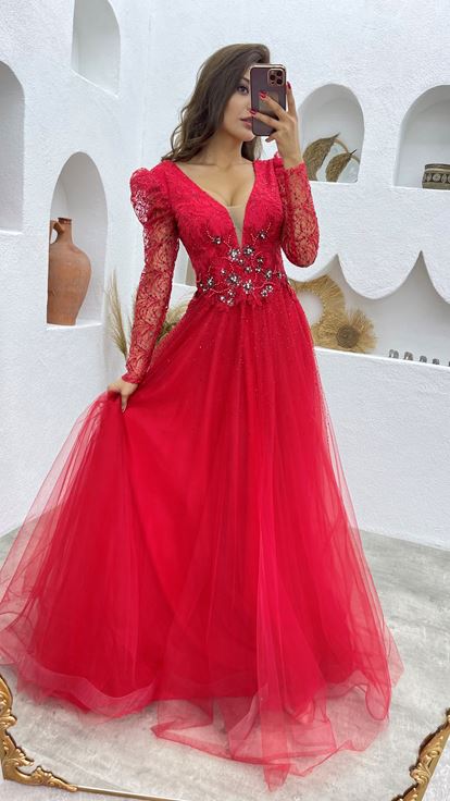 Red Guipure Detail Glittery Tulle Evening Dress