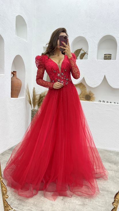 Red Guipure Detail Glittery Tulle Evening Dress
