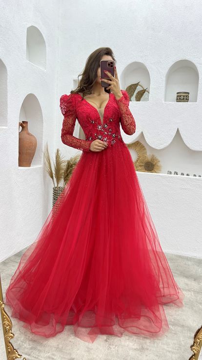 Red Guipure Detail Glittery Tulle Evening Dress