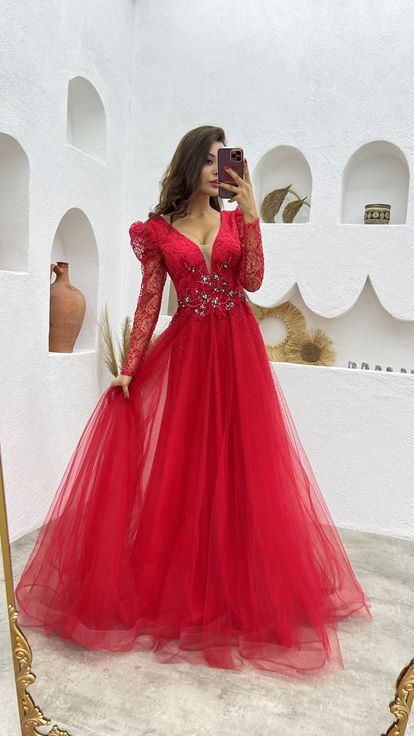 Red Guipure Detail Glittery Tulle Evening Dress