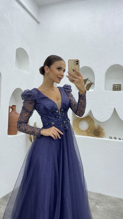 Indigo Guipure Detail Glittery Tulle Evening Dress