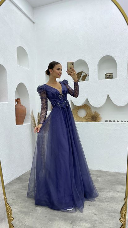 Indigo Guipure Detail Glittery Tulle Evening Dress