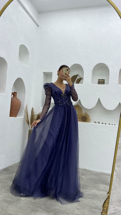 Indigo Guipure Detail Glittery Tulle Evening Dress