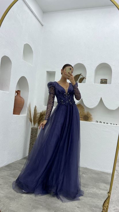 Indigo Guipure Detail Glittery Tulle Evening Dress