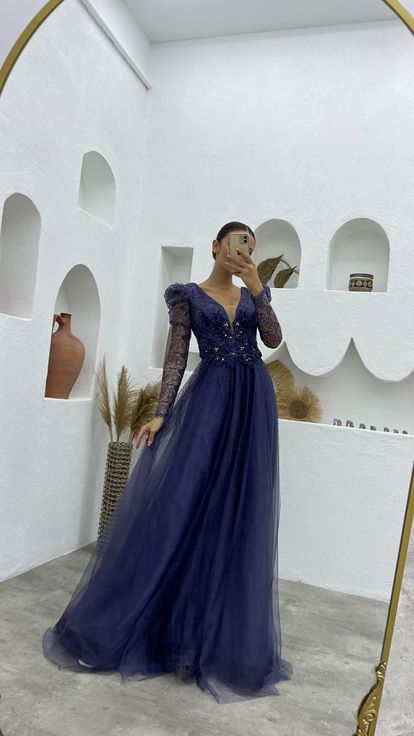 Indigo Guipure Detail Glittery Tulle Evening Dress