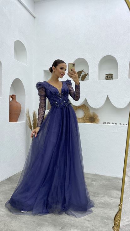 Indigo Guipure Detail Glittery Tulle Evening Dress