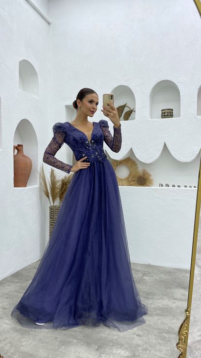 Indigo Guipure Detail Glittery Tulle Evening Dress