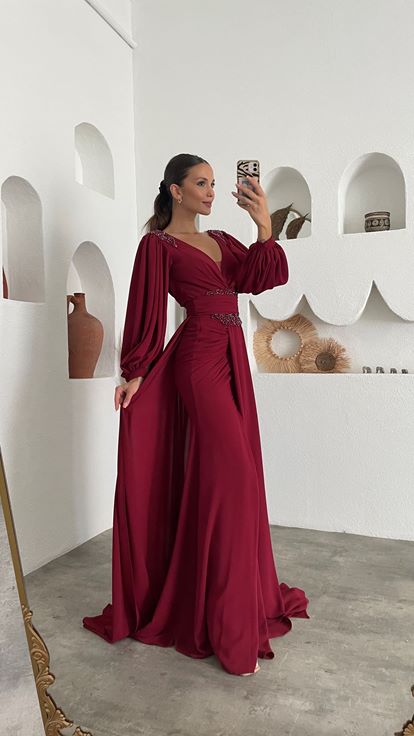 Bordo İşlemeli Drapeli Şifon Abiye Elbise